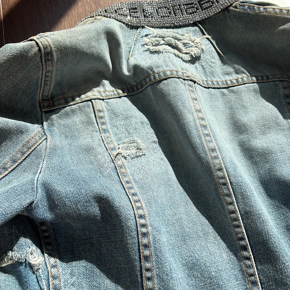 Dolce & Gabbana Embellished Light Blue Denim Jacket with Rhinestone Collar